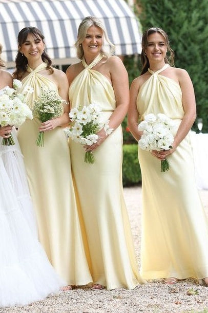Yellow Halter Long Bridesmaid Dress with Twist Knot FancyVestido Yellow Halter Long Bridesmaid Dress with Twist Knot FancyVestido