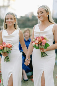 Elegant Cowl Neck Long Bridesmaid Dresses with Slit