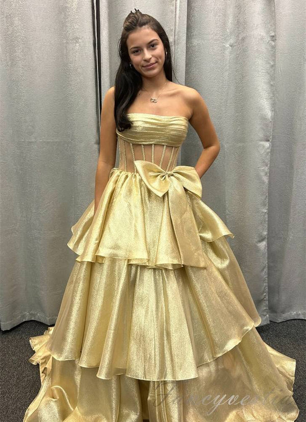 Strapless A-Line Ruffle Prom Dress with Bow