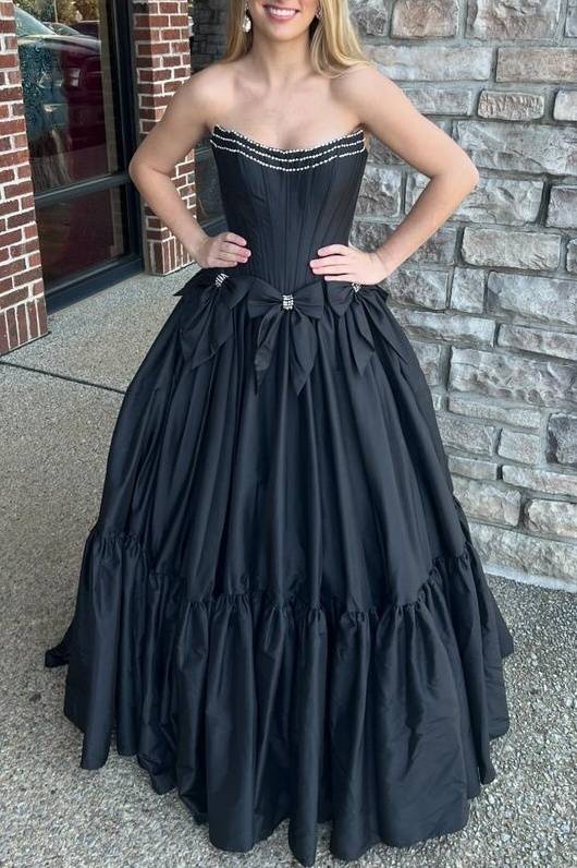 Black Strapless Beaded Ruffle Prom Dress with Bow FancyVestido Black Strapless Beaded Ruffle Prom Dress with Bow FancyVestido
