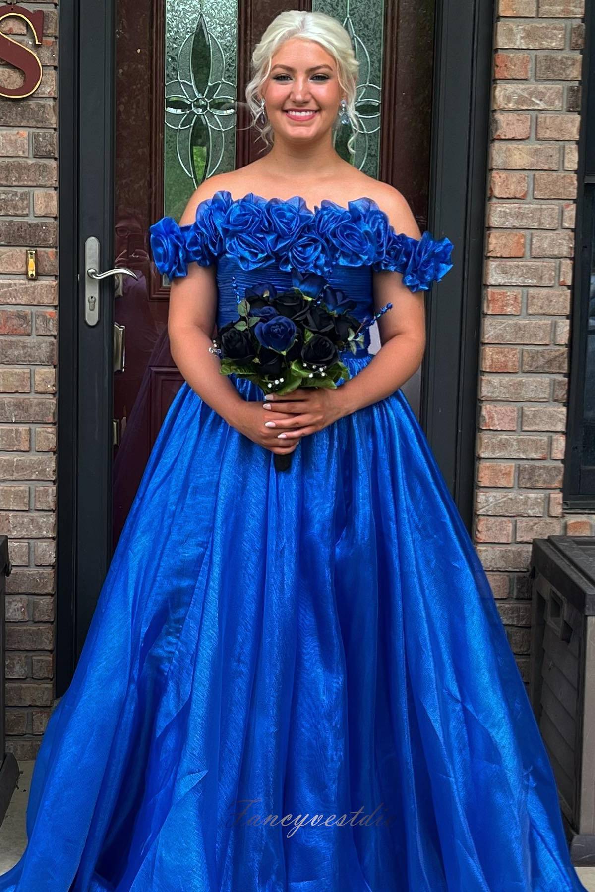 Royal Blue A-Line Pleated Prom Dress with Flower Off Shoulder FancyVestido Royal Blue A-Line Pleated Prom Dress with Flower Off Shoulder FancyVestido