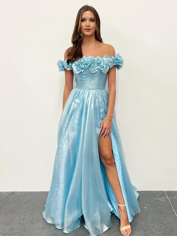 Royal Blue A-Line Pleated Prom Dress with Flower Off Shoulder