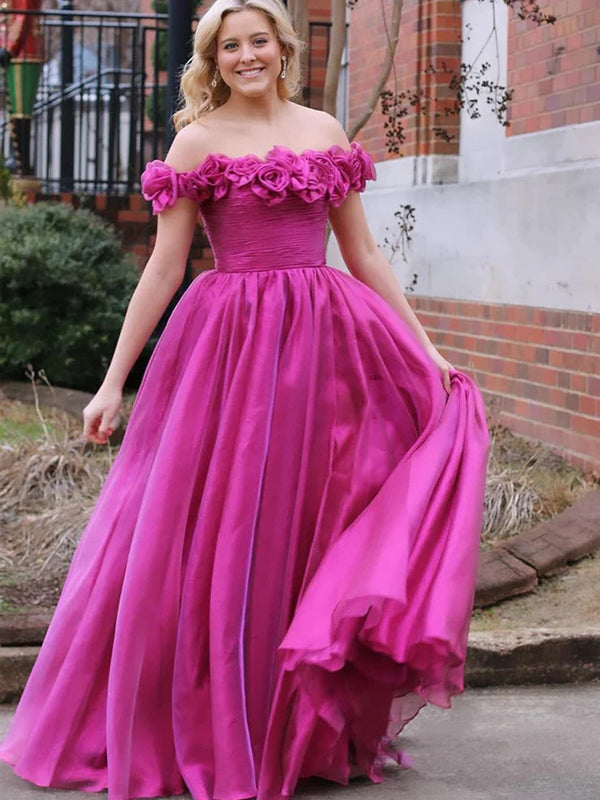 Royal Blue A-Line Pleated Prom Dress with Flower Off Shoulder