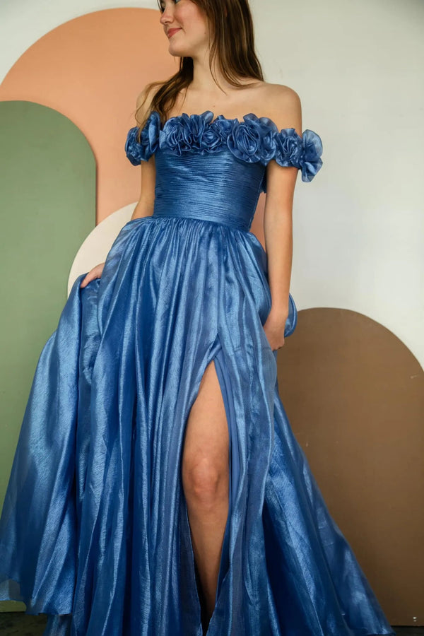 Royal Blue A-Line Pleated Prom Dress with Flower Off Shoulder