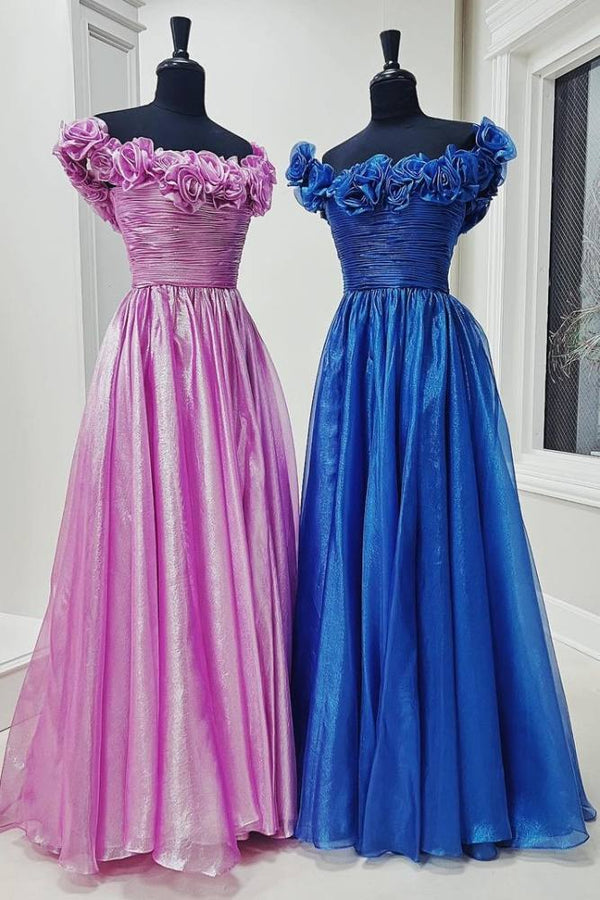 Royal Blue A-Line Pleated Prom Dress with Flower Off Shoulder