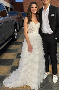 Sweetheart White Applique Tiered Prom Dresses with Bow