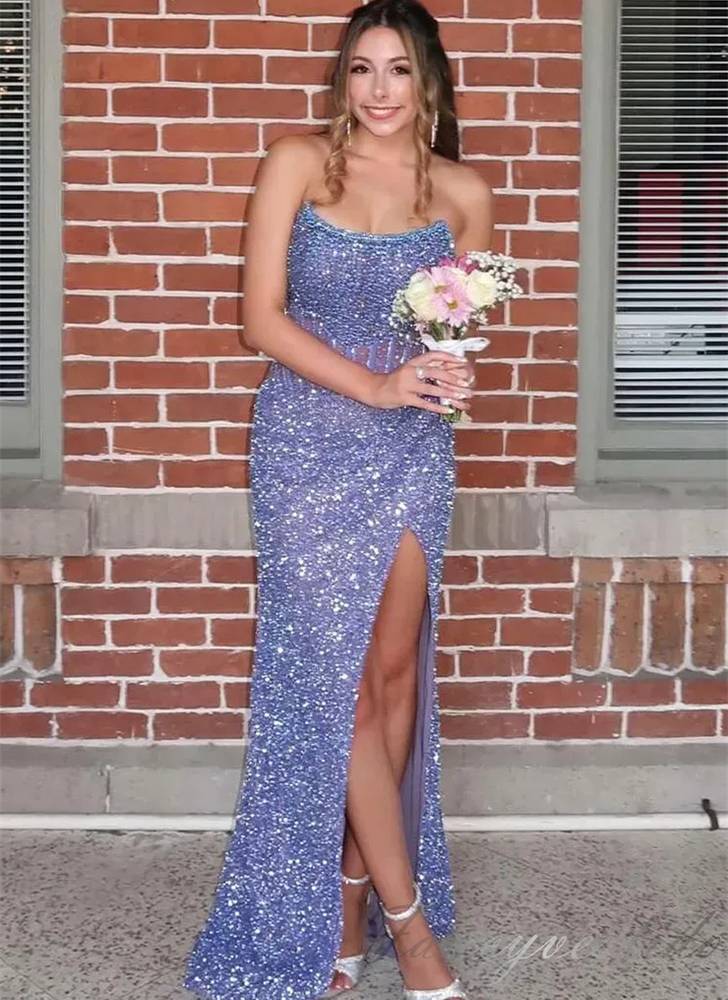 Lilac Scoop Neck Beaded Sequin Mermaid Prom Dress with Slit – FancyVestido