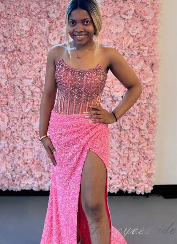 Lilac Scoop Neck Beaded Sequin Mermaid Prom Dress with Slit