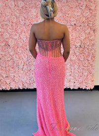Lilac Scoop Neck Beaded Sequin Mermaid Prom Dress with Slit