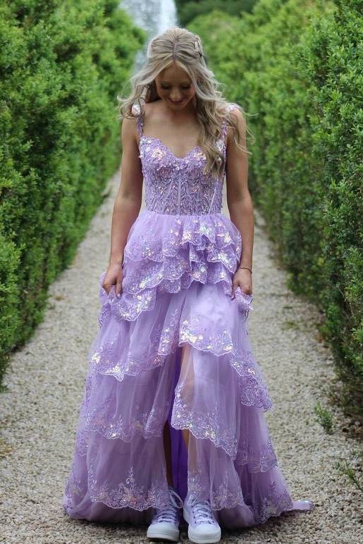 Straps Lavender Applique Ruffle Prom Dress with Slit – FancyVestido