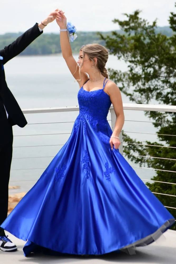 Royal Blue Applique A-Line Satin Prom Dress with Double Straps FancyVestido Royal Blue Applique A-Line Satin Prom Dress with Double Straps FancyVestido