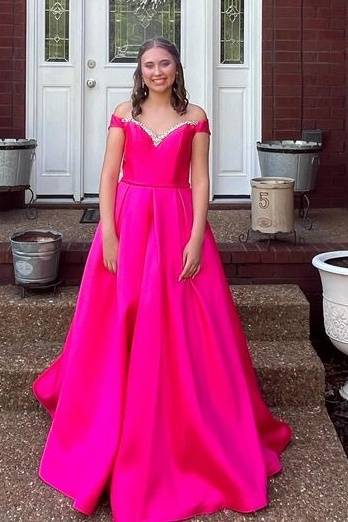 Hot Pink Beaded A-Line Satin Prom Dress with Off Shoulder – FancyVestido
