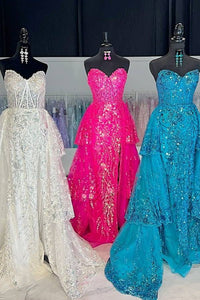 Strapless Applique Sequin Prom Dress with Ruffle Back