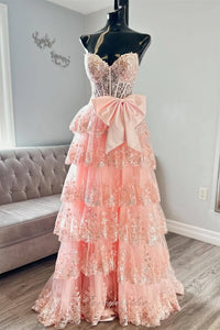 Strapless Applique Ruffle Silt Prom Dress with Bow