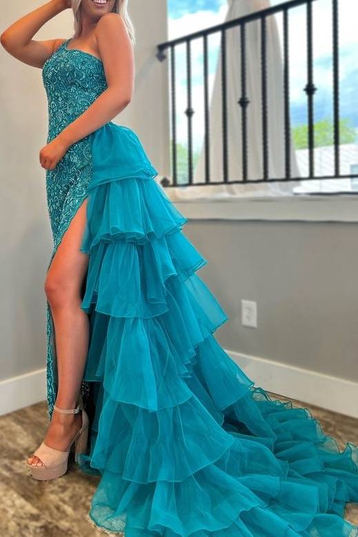 One Shoulder Applique Prom Dress with Ruffle Train – FancyVestido