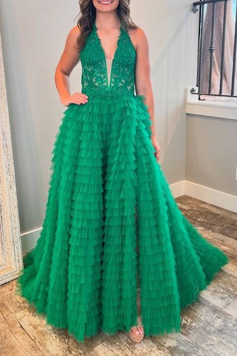 Halter Applique Multi-Layered Prom Dress with Slit FancyVestido Halter Applique Multi-Layered Prom Dress with Slit FancyVestido