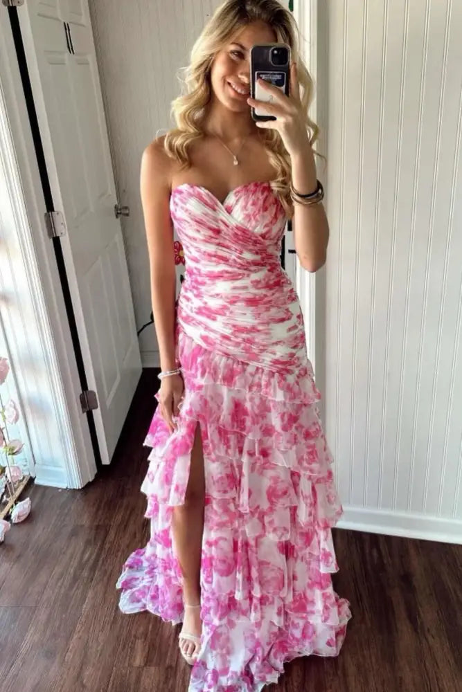 Floral Print Pleated Ruffle Prom Dress with Slit – FancyVestido
