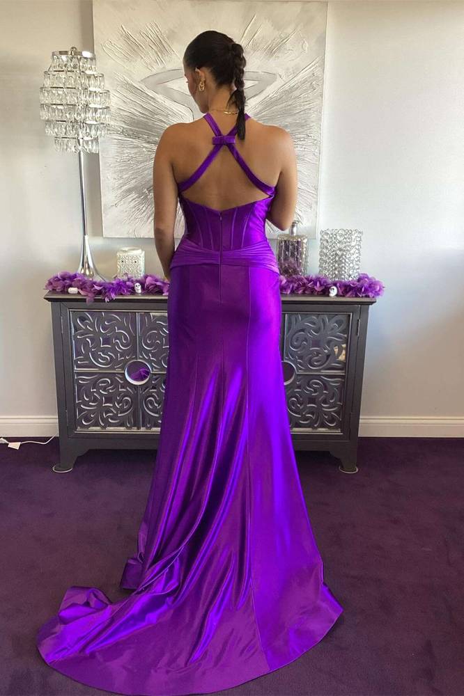 Green Satin Mermaid Slit Prom Dress with Criss Cross Neck FancyVestido Green Satin Mermaid Slit Prom Dress with Criss Cross Neck FancyVestido