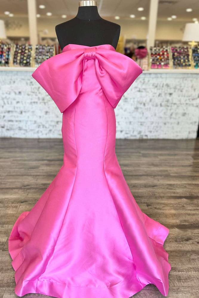 Hot Pink Strapless Mermaid Prom Dress with Bow – FancyVestido