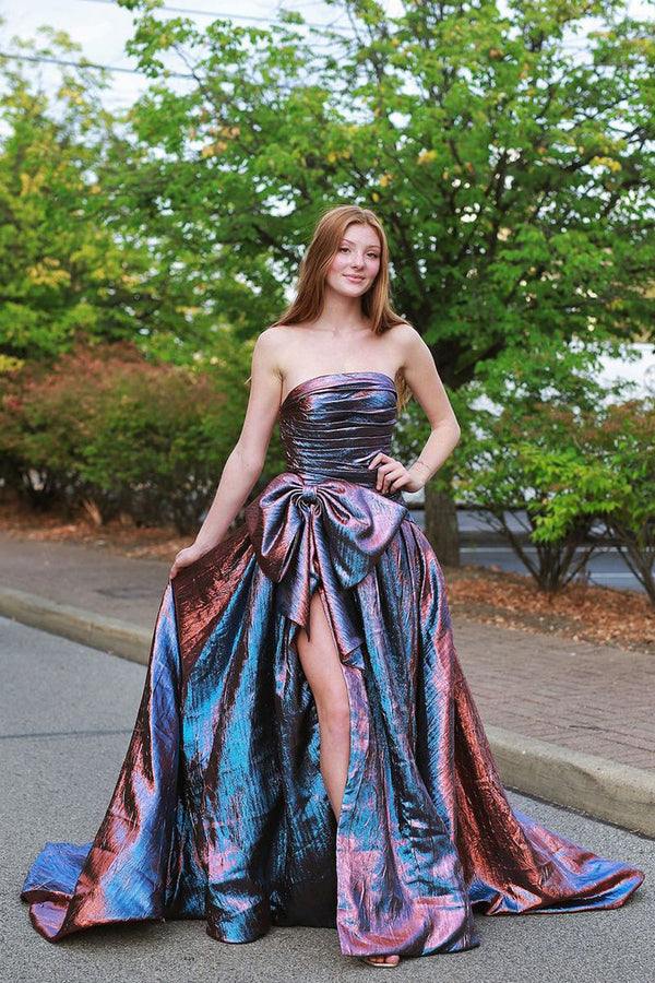 Strapless Royal Blue Long Prom Dress with Bow