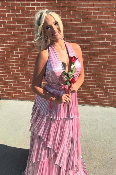 Halter Pink Metallic Ruffle Long Prom Dress