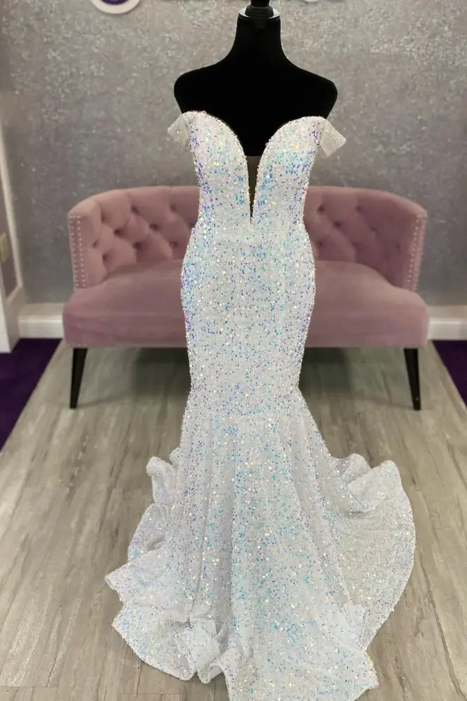 knee length dresses for ladies Plunging Neck White Sequin Mermaid Prom Dress – FancyVestido
