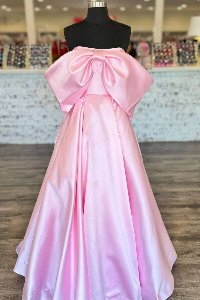 Strapless Pink Satin A-Line Prom Dress with Bow FancyVestido Strapless Pink Satin A-Line Prom Dress with Bow FancyVestido