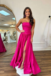 Strapless Hot Pink A-Line Prom Dress with Slit
