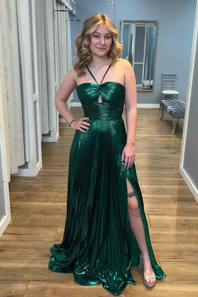 Green Halter Metallic Pleated A-Line Prom Dress with Slit FancyVestido Green Halter Metallic Pleated A-Line Prom Dress with Slit FancyVestido