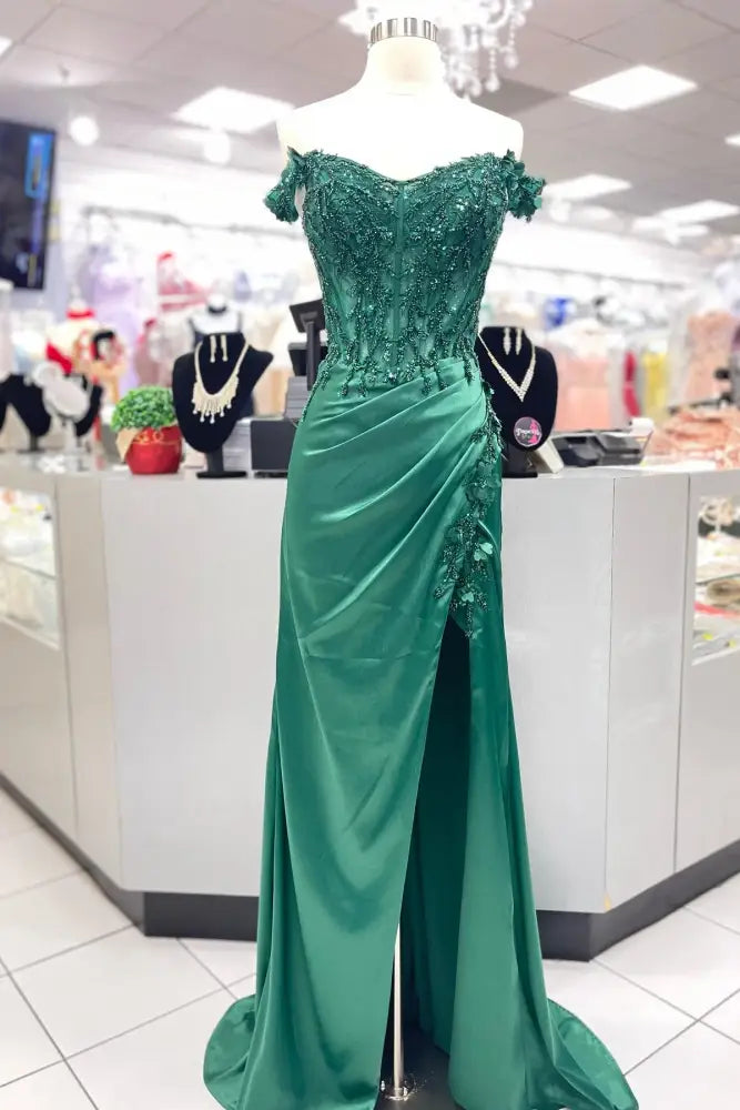 Green Applique Pleated Mermaid Prom Dress with Off Shoulder  FancyVestido