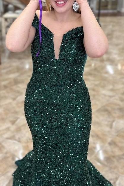 Green Plunging Neck Sequin Mermaid Prom Dress – FancyVestido