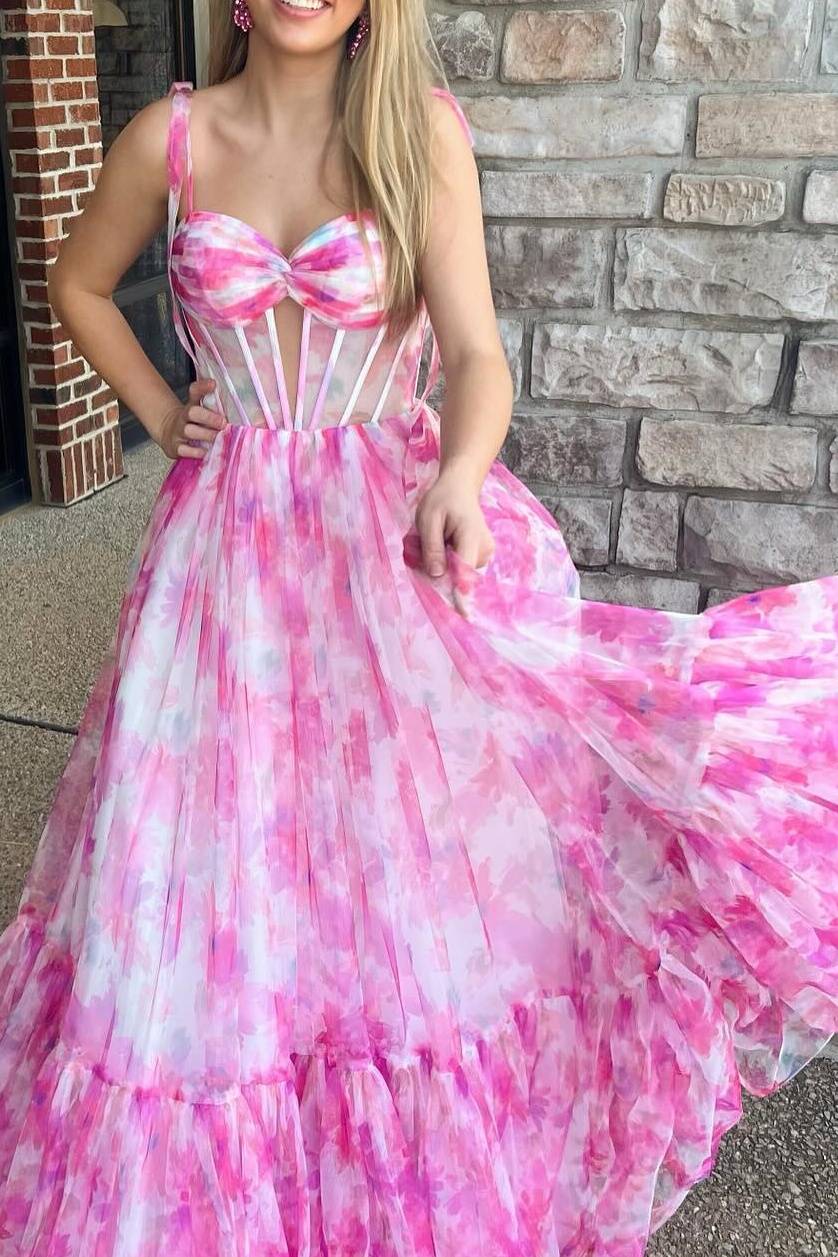 Pink Floral Print Corset A-Line Prom Dress with Bow Tie Straps FancyVestido Pink Floral Print Corset A-Line Prom Dress with Bow Tie Straps FancyVestido