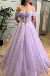 Lavender Beaded A-Line Tulle Prom Dress with Off Shoulder