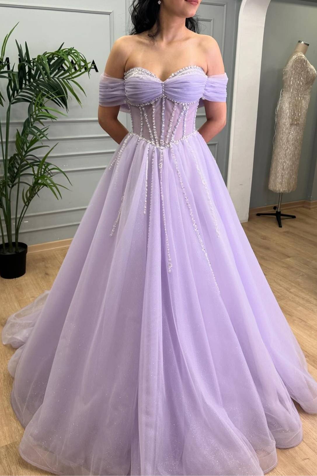 Lavender Beaded A-Line Tulle Prom Dress with Off Shoulder FancyVestido Lavender Beaded A-Line Tulle Prom Dress with Off Shoulder FancyVestido