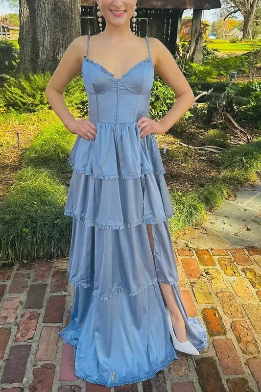 Dusty Blue Straps Ruffle A-Line Prom Dress with Slit  FancyVestido