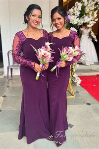 Grape Applique Long Sleeves Mermaid Bridesmaid Dress