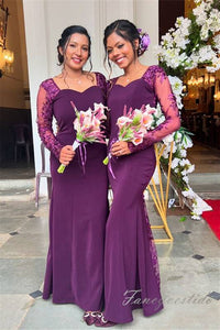 Grape Applique Long Sleeves Mermaid Bridesmaid Dress