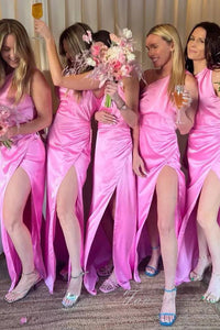 Hot Pink One Shoulder Satin Slit Bridesmaid Dress
