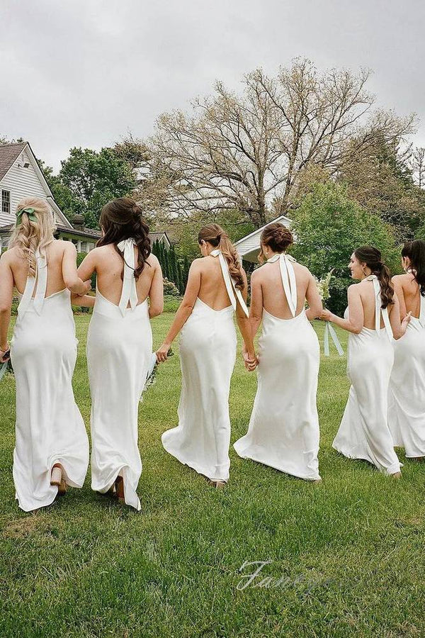 Elegant Halter Satin Long Bridesmaid Dress with Open Back