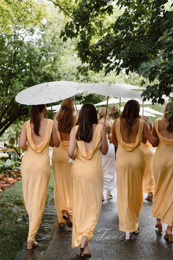 Gold V-Neck Satin Long Bridesmaid Dress with Ruffle Back