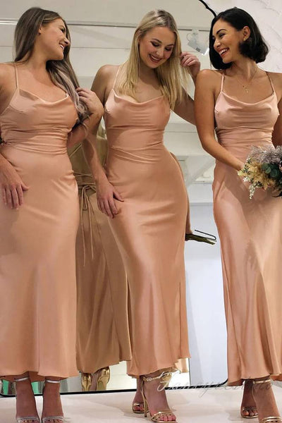 Dusty Pink Straps Satin Bridesmaid Dress with Lace-up