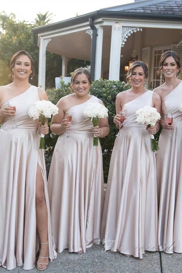 Blush Pink One Shoulder Satin A-Line Bridesmaid Dress FancyVestido Blush Pink One Shoulder Satin A-Line Bridesmaid Dress FancyVestido