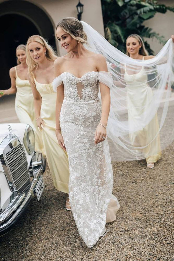 Light Yellow Straps Satin Long Bridesmaid Dress