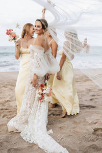 Light Yellow Straps Satin Long Bridesmaid Dress