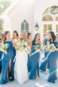 Blue Straps Satin Slit Bridesmaid Dress with Bow