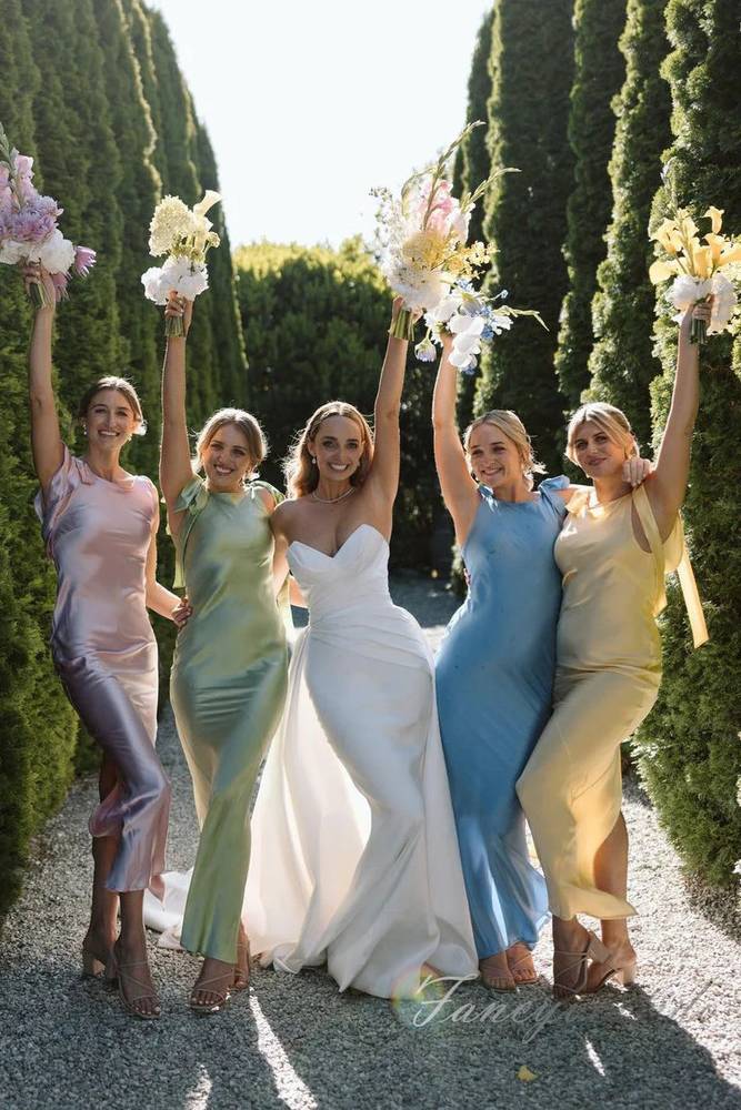 bridesmaid dresses with bows Light Blue Straps with Bows Mermaid Satin Tiered Long Bridesmaid Dress Sage Green / 2