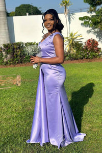 Purple One Shoulder Satin Long Bridesmaid Dress