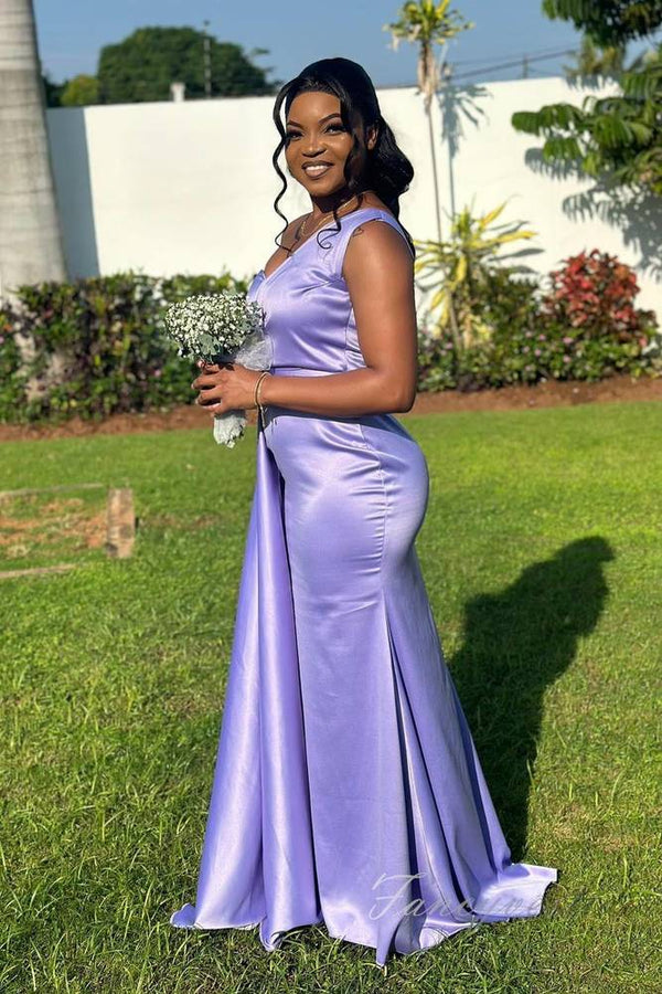 Purple One Shoulder Satin Long Bridesmaid Dress