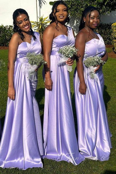 Purple One Shoulder Satin Long Bridesmaid Dress