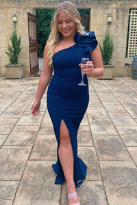 Blue One Shoulder Satin Long Bridesmaid Dress with Slit